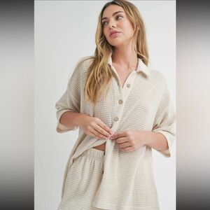 Miou Muse Cream Waffled Fabric Button-Down Knitted Sweater